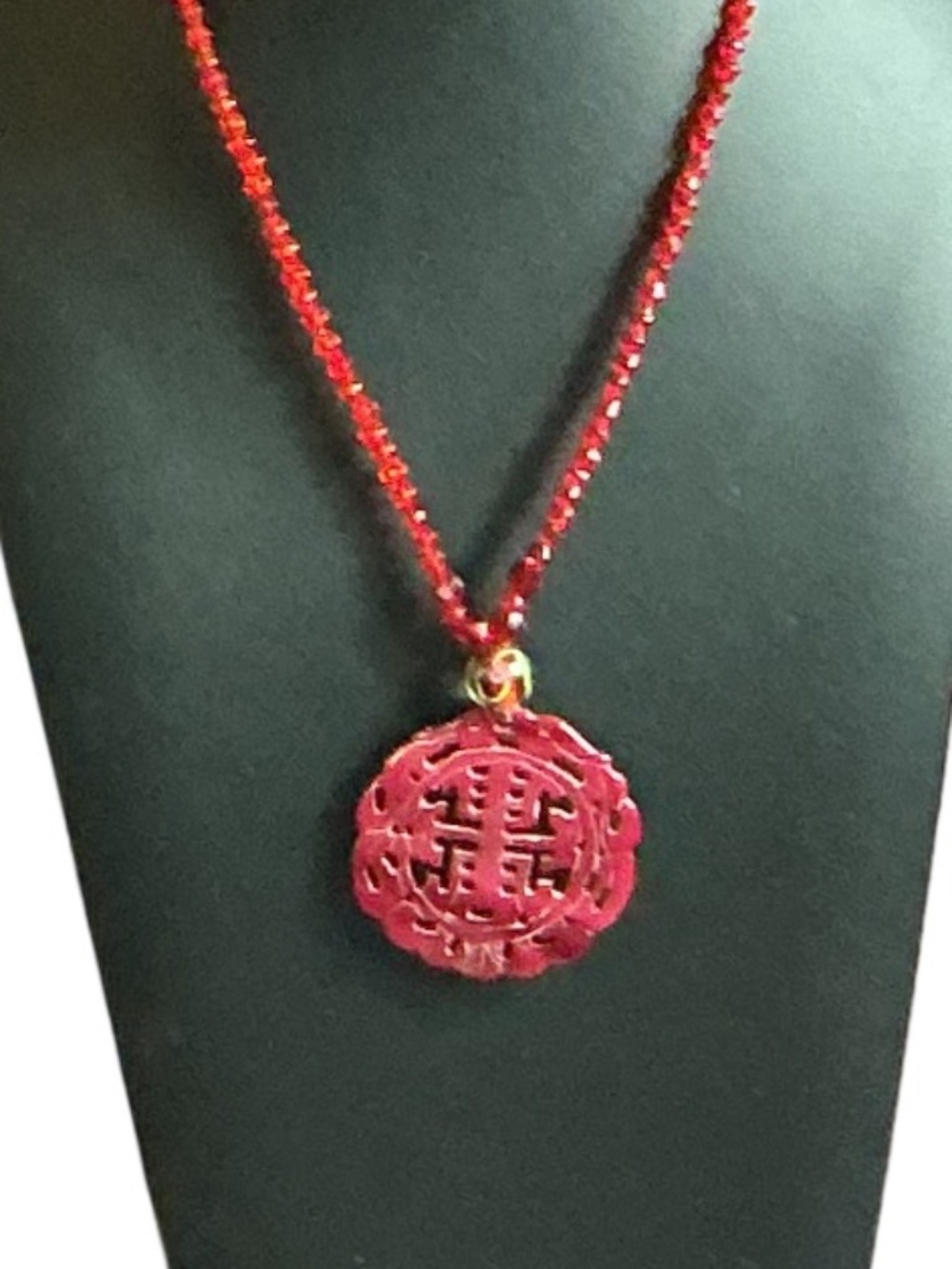 Red Double Happiness Pendant Necklace Chinese Symbol Carved Beaded Boho Statment